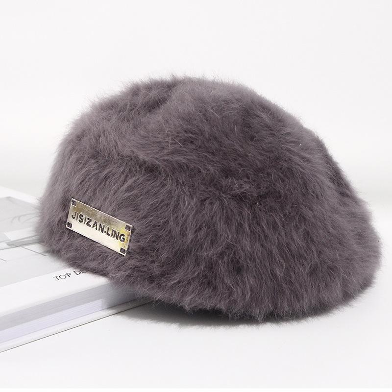 Women'S Reversible Rabbit Fur Beret Winter Warm Double-Sided Knit Hat Retro Painter Cap For Oval And Round Faces