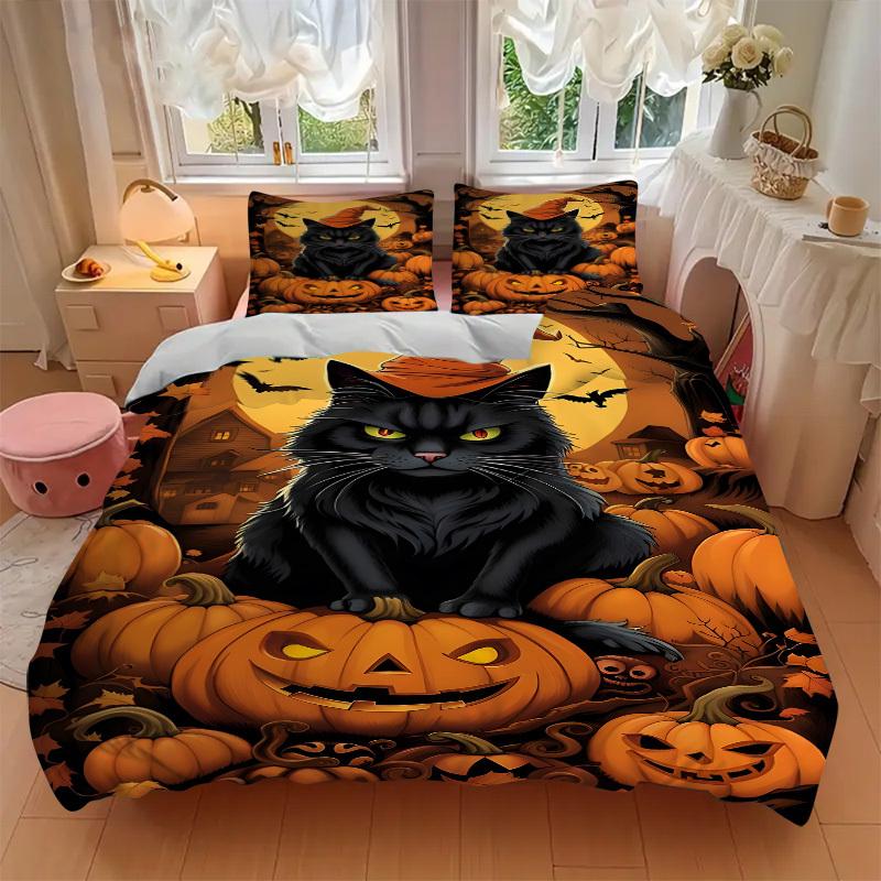 3pcs Cat, Jack-o'-Lantern Duvet Cover Set -Includes 1 Duvet Cover and 2 Pillowcases, No Quilt Core, All-Season Home Decor Yy251111121