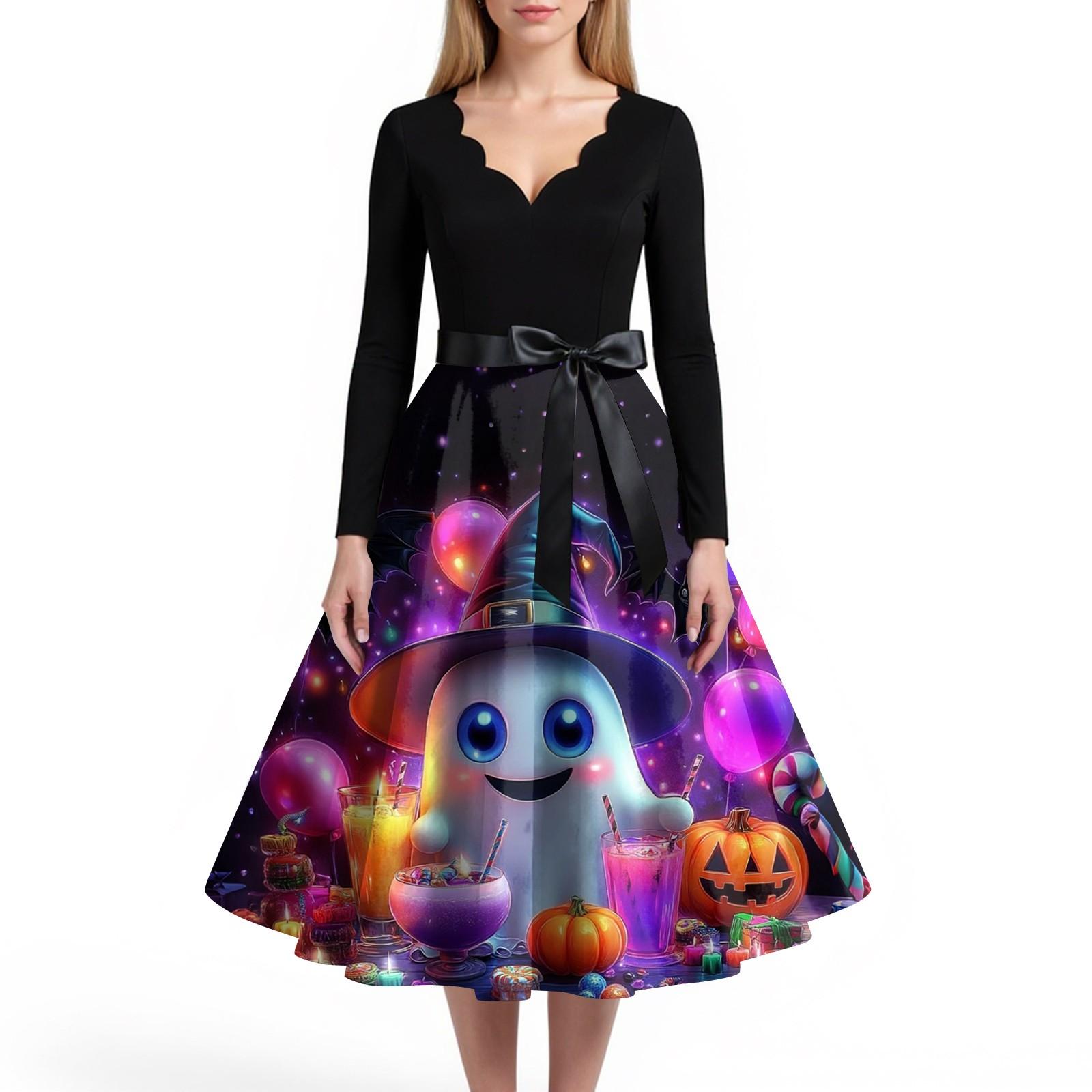 

Женское повседневное и модное платье с V-образным вырезом и длинными рукавами с принтом на Хэллоуин M