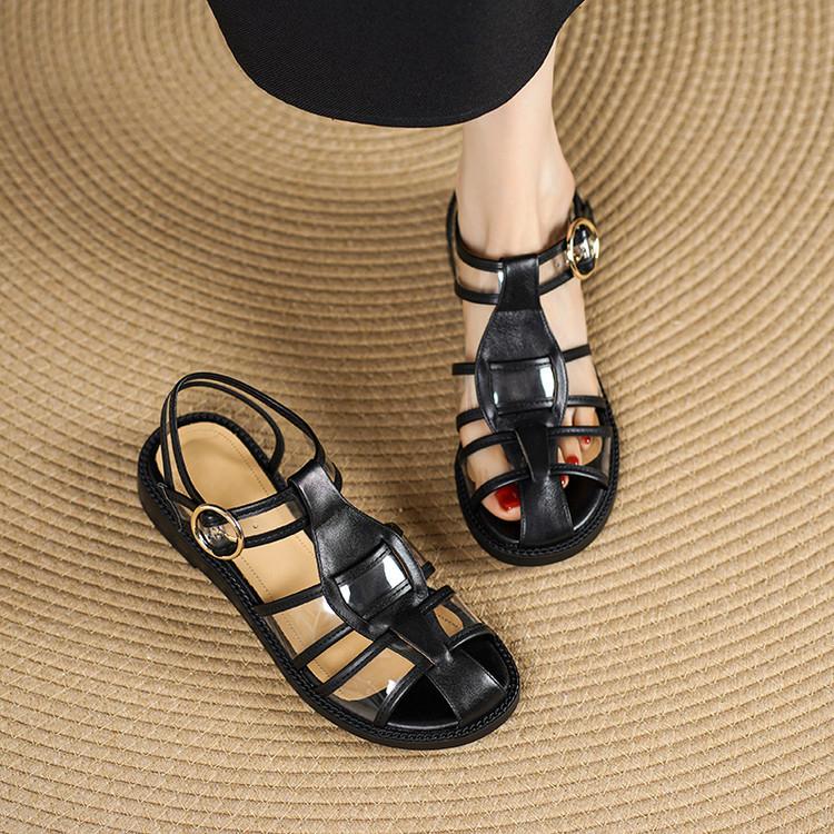 Retro woven hollow Roman sandals women's flat-soled transparent bag head sandals 2025 summer new leather soft sole