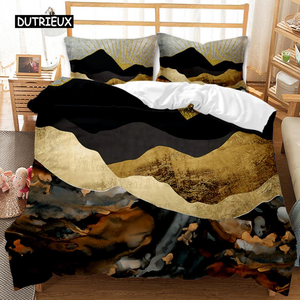 Marble Duvet Cover Set Black White Gold Abstract Marble Texture Printed Black White Double Queen King Size Polyester Bedding Set