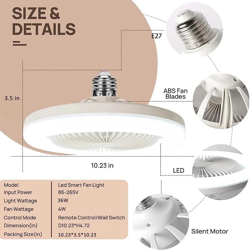 Ventilatori da soffitto con telecomando e luce Lampada a LED Ventilatore Convertitore E27 Base Ventilatori da soffitto silenziosi intelligenti per soggiorno camera da letto