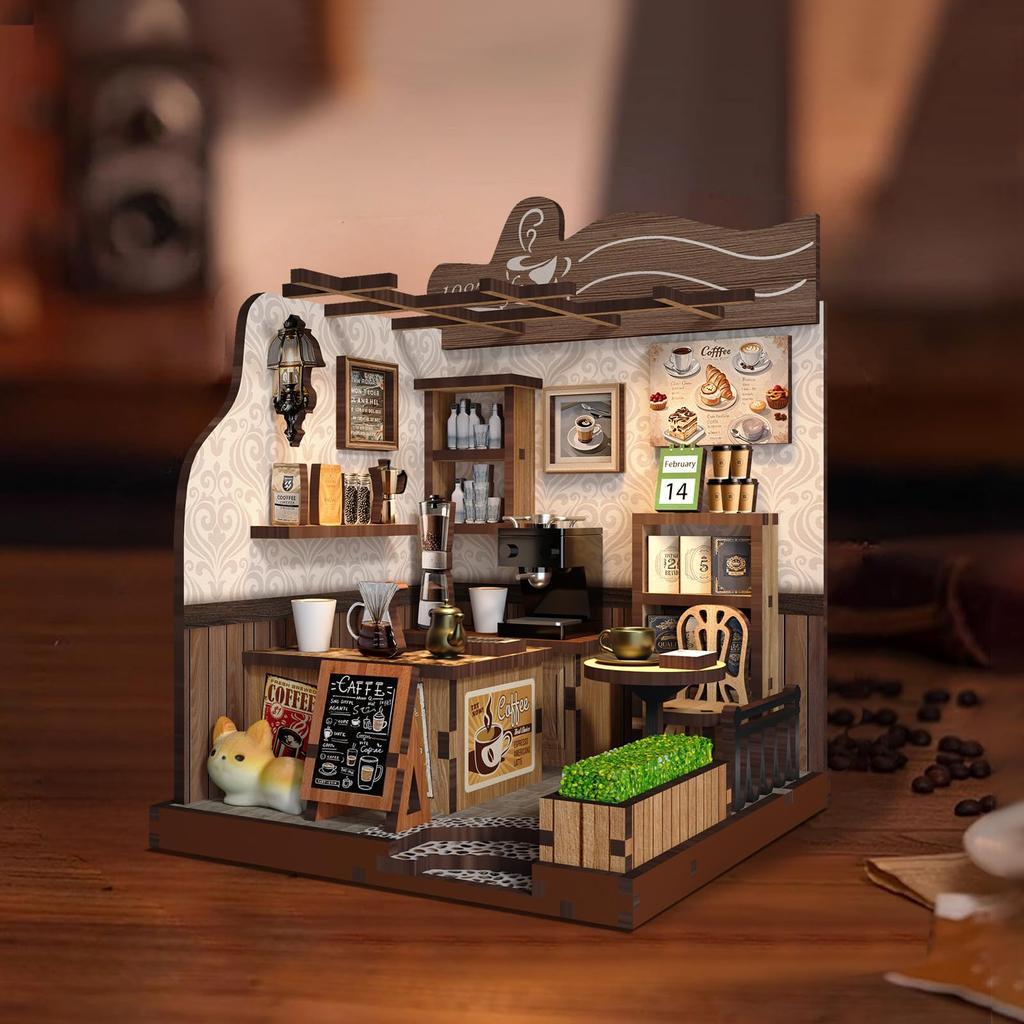 QmXCyzl Wooden DIY Dollhouse Kit, Miniature 3D Bookstand, Holiday Gift, Architectural Scenario (Countryside Cafe)
