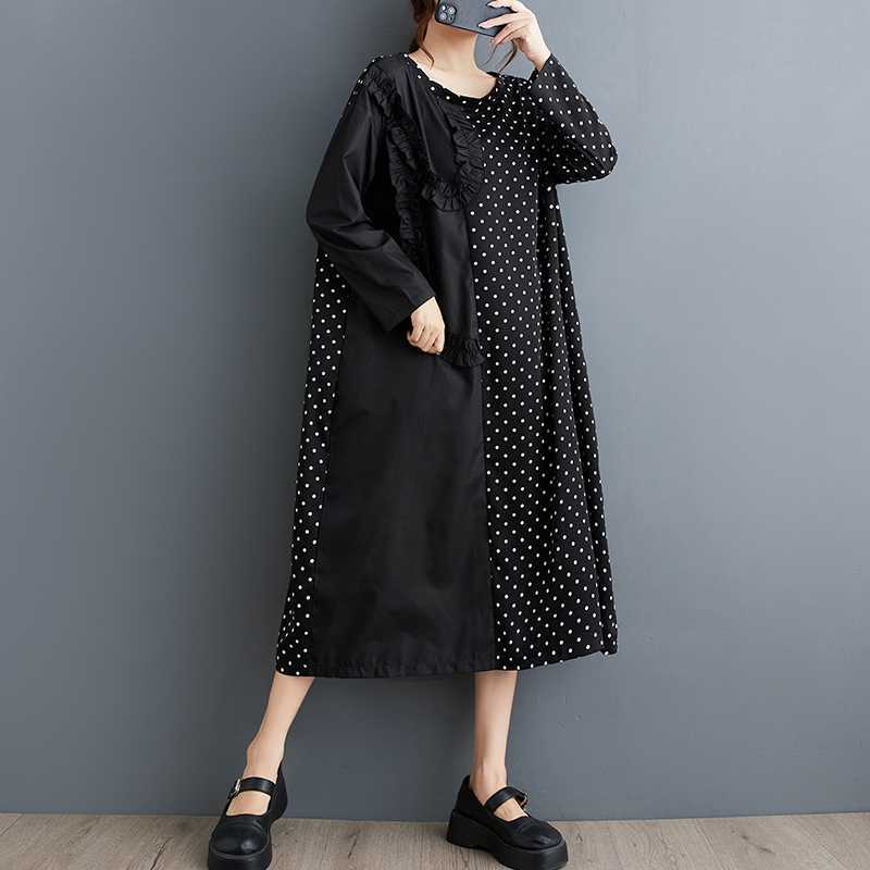 New Polka Dot Splicing Wood Ear Side Long Sleeve Dress Fashion Loose Casual A-Line Dresses