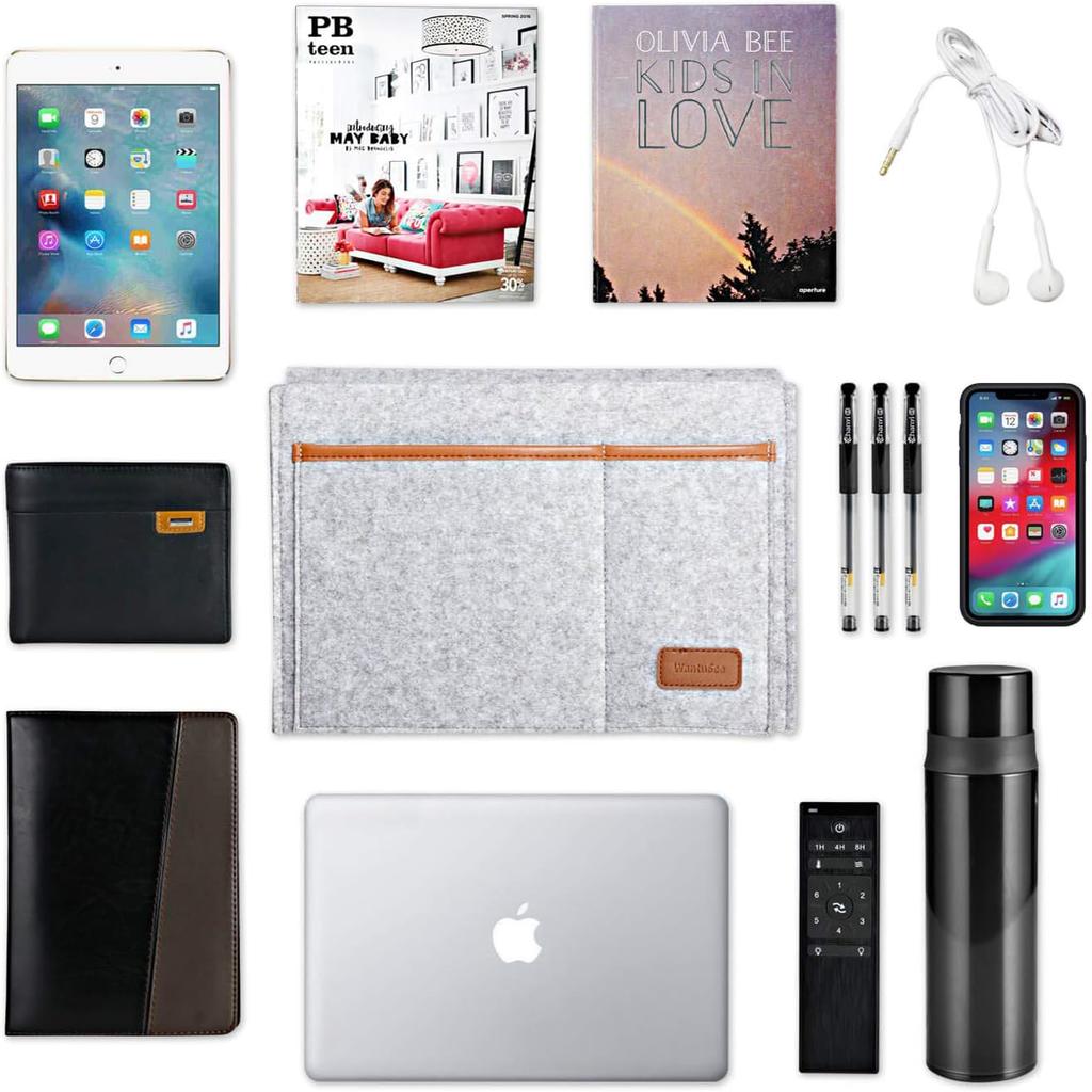 Felt Bed Storage Organizer Hanging Bag with 5 Pockets, Tablet iPad Cables Remote and Water Bottle Holder for Home Dorm Bed Sofa