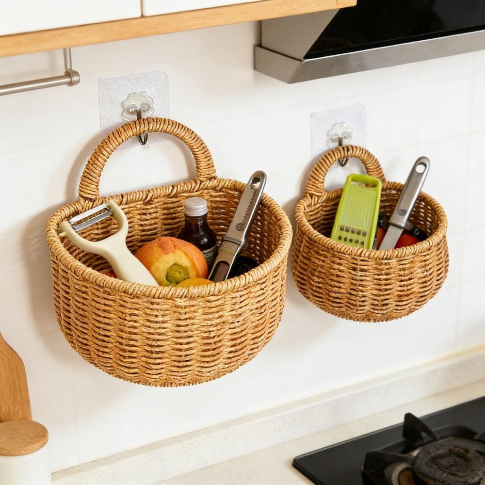 Handwoven Rattan Wall Hanging Basket - Wicker Storage Organizer for Kitchen, Bathroom & Home, Hanging Fruit Basket with Handle