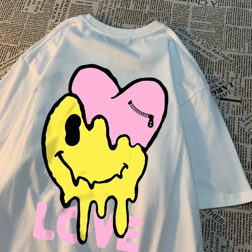 Melting Happy Face And Hurting Heart T-Shirts Couple Breathable O-Neck Tshirt Loose Clothes Oversized Summer T-Shirts Cotton Tee
