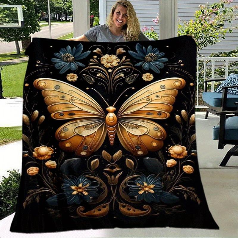 1pc Golden Butterfly Printing Lightweight Flannel Blanket, Comfortable and Warm Blanket, for Camping Sofa Bed and Couch Office, Gift
