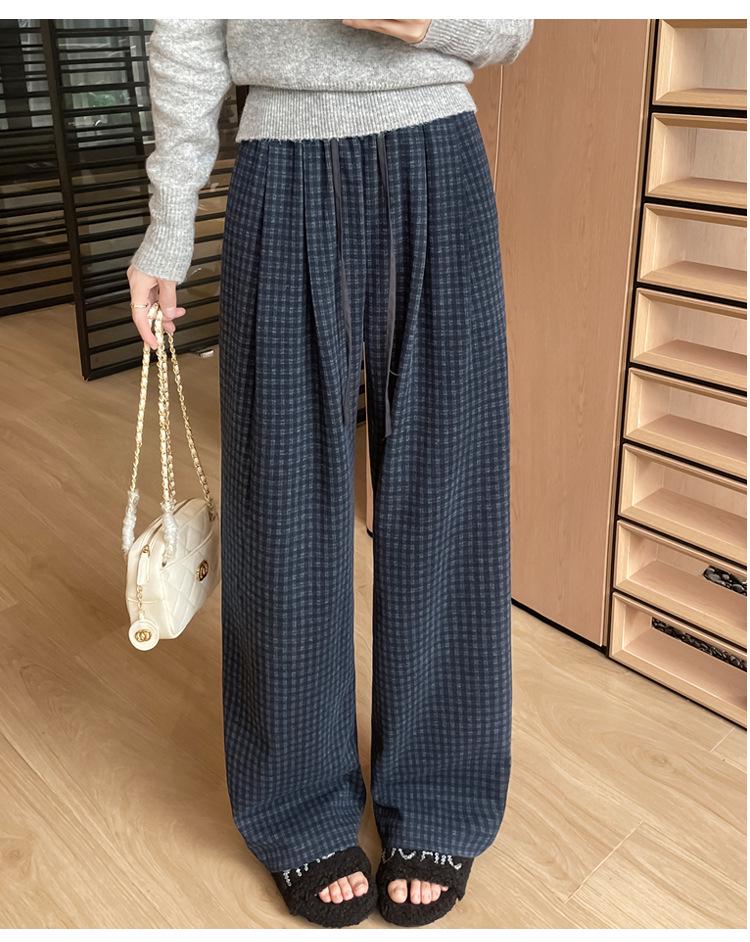 Women's Autumn 2025 Blue Plaid High-Waist Wide-Leg Pants with Drawstring - Retro, Slimming, Casual Style