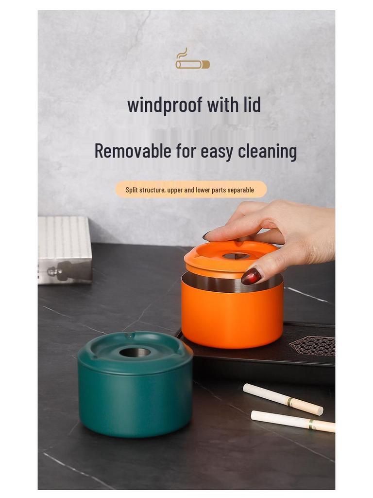 Lidded Stainless Steel Ashtray - Anti-Fly Ash Design for Home, Cafe, and Bar