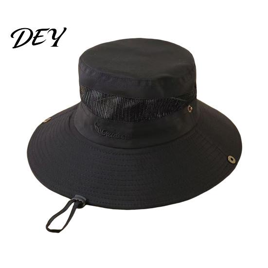 Comfortable Summer Hiking Headwear Mesh Spliced Bucket Hat for Men Women, Extra Wide Brim Sun Adjustable Windproof Mountaineering with Drawstring,