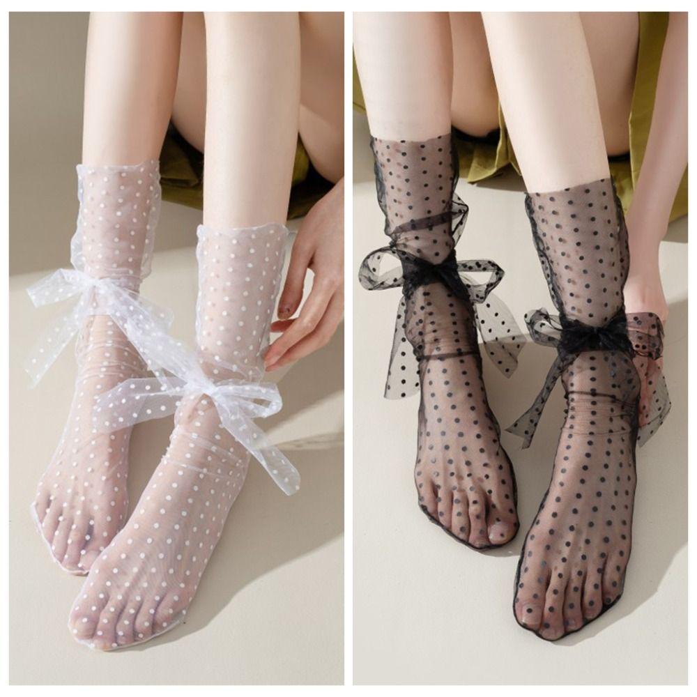 Quick Dry Lace Dot Middle Tube Socks Sheer Mesh Tulle Bow Short Socks Breathable   Girl
