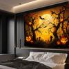 2D Spooky Halloween Night Tapestry, Glowing Pumpkins & Full Moon Background Cloth