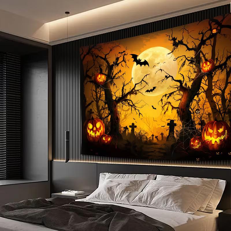 2D Spooky Halloween Night Tapestry, Glowing Pumpkins & Full Moon Background Cloth