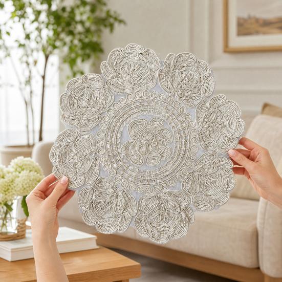 Rose Placemat, Round Embroidered Light Breathable Placemat, Protects Against Stains Burns Scratches Coasters, for Kitchen Dining Room