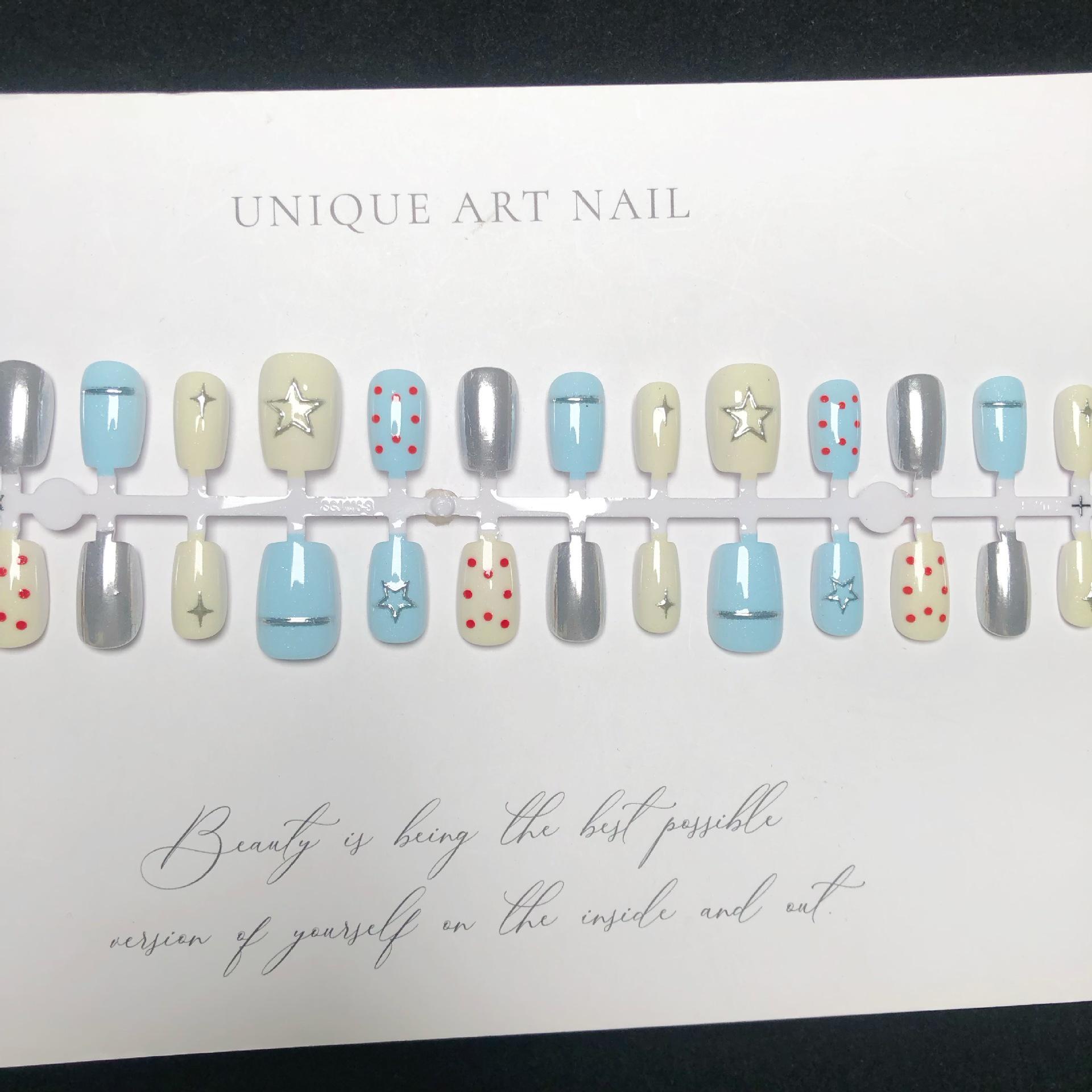 

Красочные синие носимые ногти в горошек - Милый стиль свежего молока со съемным серебристым эффектом волшебного зеркала