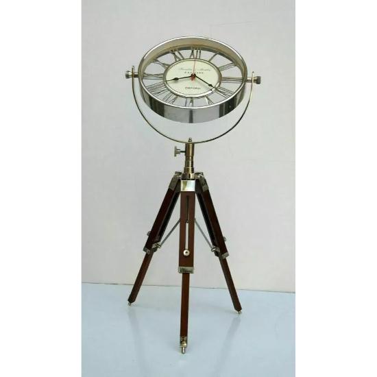 Nautical Antique brass desk clock adjustable wooden tripod stand marine decor