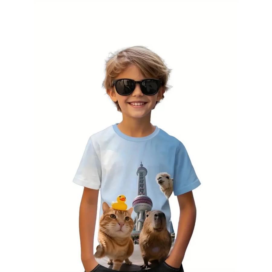 Çocuk T-Shirt Kapibara Futbol Oynuyor 3D Dijital Baskılı Kısa Kollu Tişört Yazlık Moda Üstler Çizgi Film Desenli Çocuk Giyim Erkek