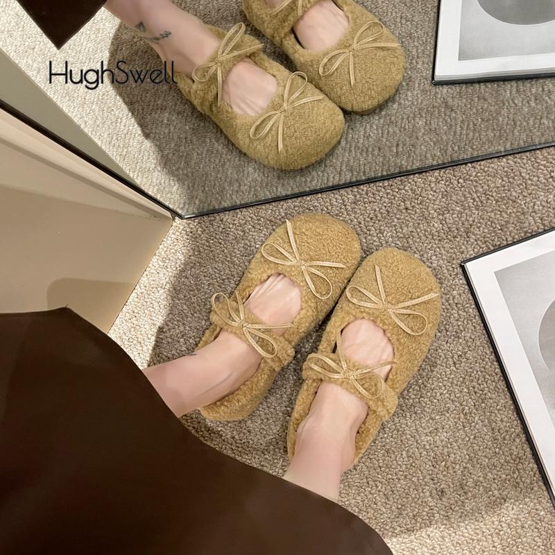 Fashion Sweet Bowknot Lambswool Ballet Flats Woman Winter Warm Plush Loafers Ladies Brand Design Teddy Fur Round Toe Mary Jane Shoes