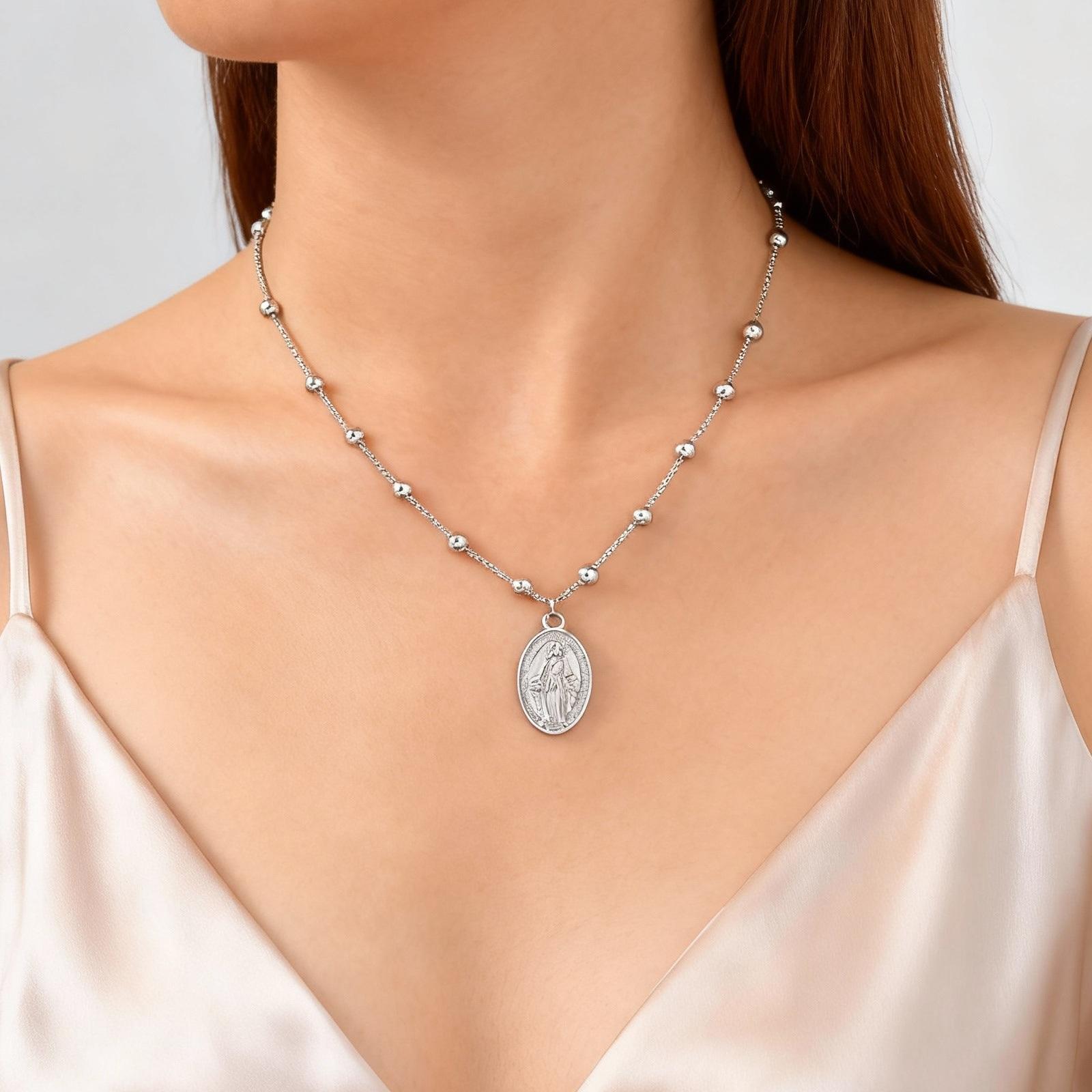 

Holy Virgin Rosary Necklace for Women,Stainless Steel Bead Chain Necklaces,Classic Oval Mary Pendant Jewelry Gift