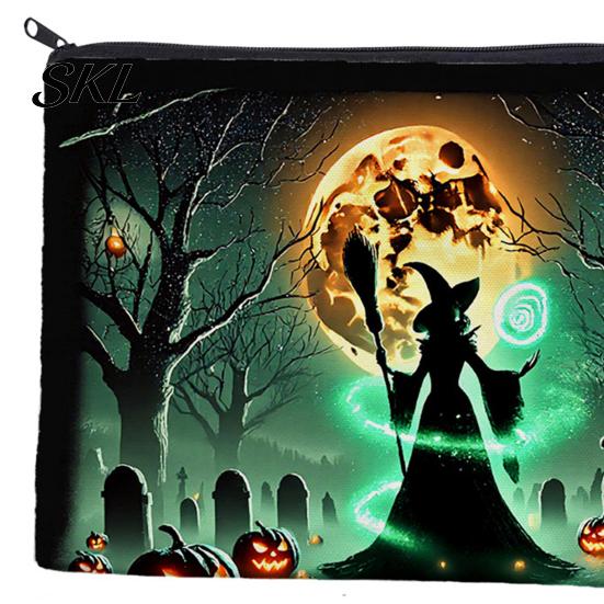 Printed Canvas Organizer Storage Bag, with Halloween Witch Castle Print, Large Wear-Resistant Makeup Pouch Capacity Cosmetic Organizer, for Travel And