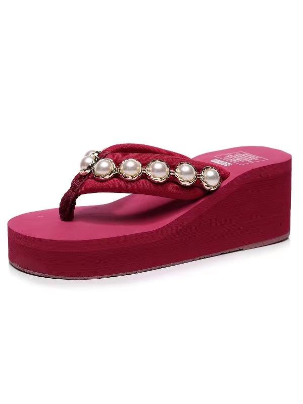 Summer Pearl Flip-flops for Women Thick Bottom Non-slip Sandals Female Clip-on Slippers Lightweight Solid Colour Beach Shoes