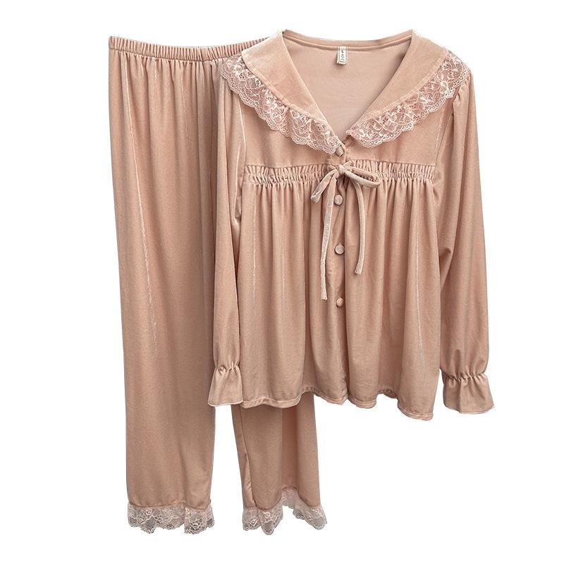 Women's autumn long-sleeved trousers golden velvet pajamas two-piece set lapel cardigan winter loungewear live broadcast