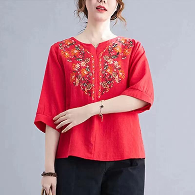 

Хлопково-льняная вышитая блузка с рукавом три четверти на весну, женская рубашка в японском и корейском ретро-стиле, приталенная, тонкая, простая, для лета, для ношения на улице 4XL красный