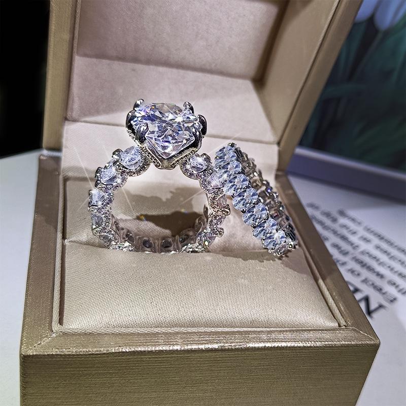 High quality white zircon two sets ring  silver for women bling bling zircon ring wedding party engagement jewelry gift