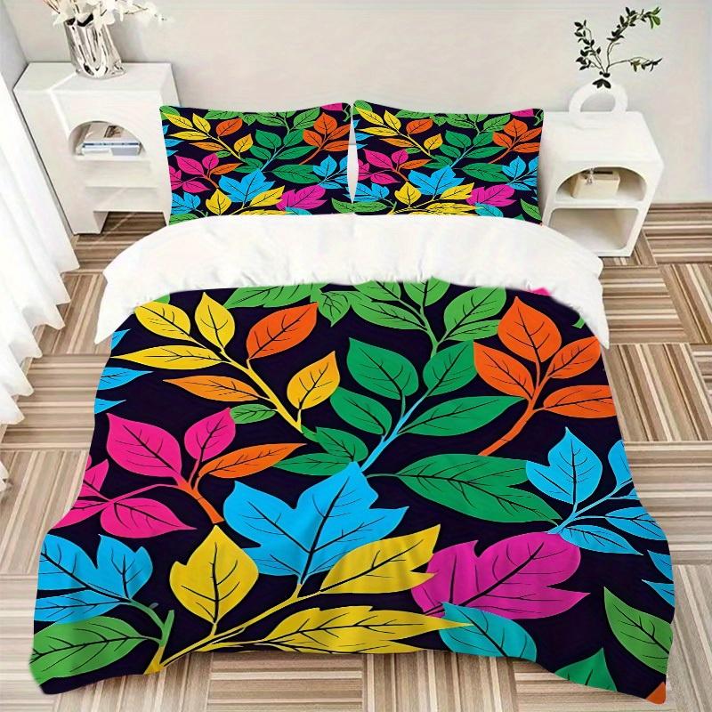 3Pcs Colorful Leaves Pattern Printed Bedding Set, Breathable And Soft,(Includes 1 Duvet Cover And 2 Pillowcases, Quilt Not Included) yy250815203