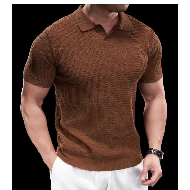 

Мужская футболка премиум-класса в рубчик, тонкая, дышащая, приталенного кроя, с коротким рукавом, с отложным воротником, однотонная, универсальная, поло в полоску XL коричневый