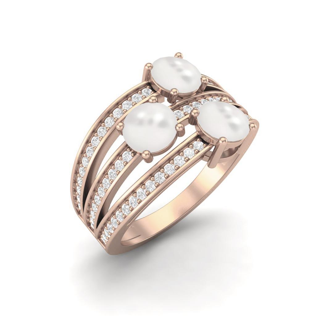 925er Sterlingsilber Rosé Vergoldet 1,50 Karat Drei Steine Runde Form Perle Solitär Damen Ehering