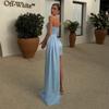 Elegante Perle Raso Abito Senza Spalline da Donna Sexy Pieghettato Azzurro Mini Abiti Scoperti sulla Schiena 2025 Estate Nuovo Abito da Sera da Donna