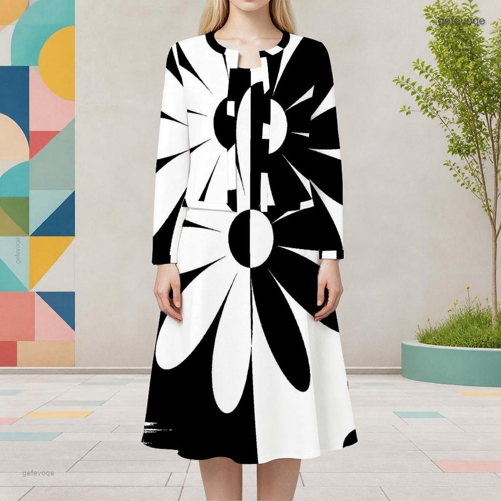 Women Plus Size Two Piece Dress Set Round Neck Long Sleeve Cardigan Sleeveless Dress Black White Floral Printed