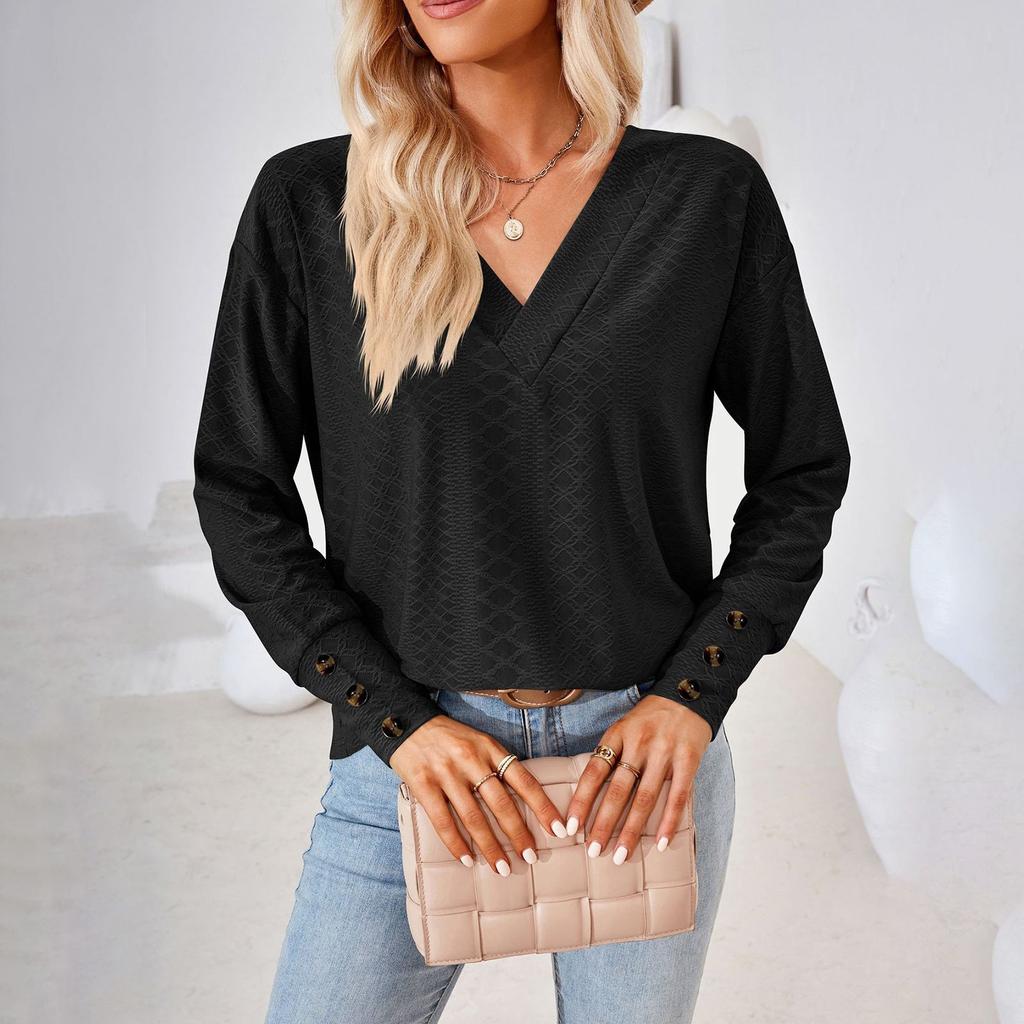 Women's Casual Fashion Colour V-Neck T-Shirt Button Decoration Loose Top