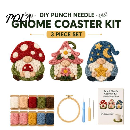 Kit Ricamo Punch Needle Kit Sottobicchiere Gnomo, Set Artigianale Fai da Te con Tessuto Pre-Stampato Filato Rilassante Telaio Supporti in Feltro, per Principianti e Adulti