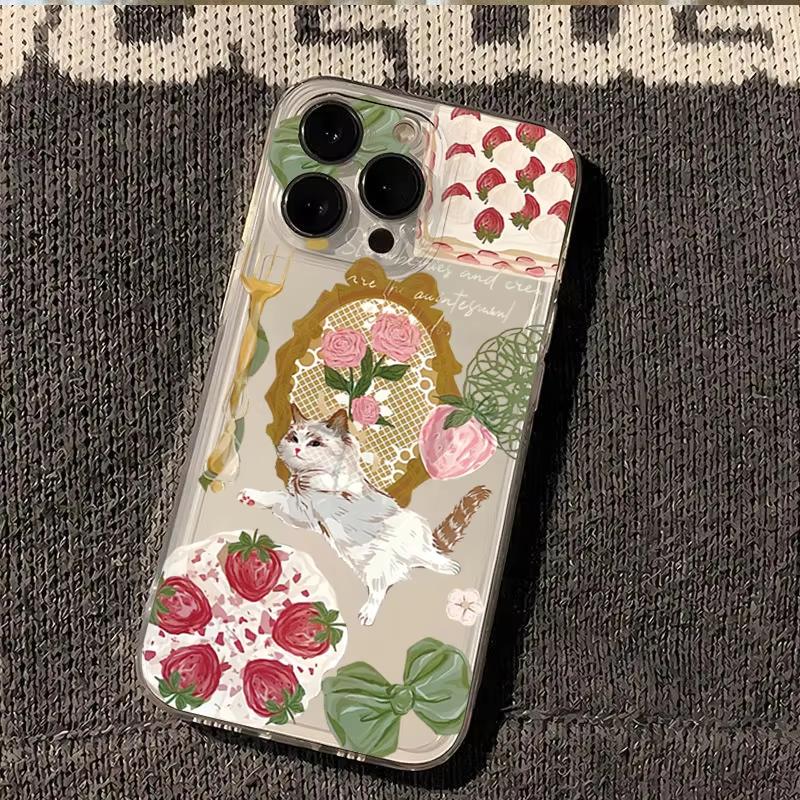 Korean Painted Cat Strawberry Flower Phone Case For Samsung Galaxy A14 A15 S21 S22 S23 S24 FE Plus Ultra A25 A35 A52 A53 A54 A55