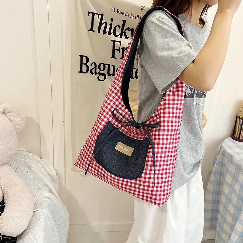 Double Sided Nyl Women's Shoulder Bags Large Capacity Plaid Ladies Tote Underarm Bag Threaded Simple Bow Casual Female Handbag