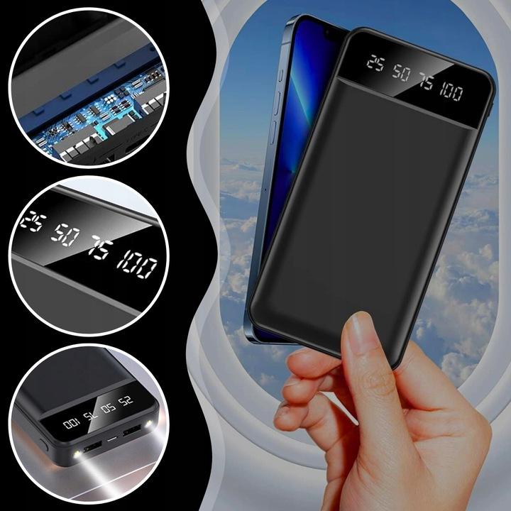 Duży Mocny Szybki Powerbank Ładowarka 10000Mah 2Xusb Usb-C Latarka Led Slim