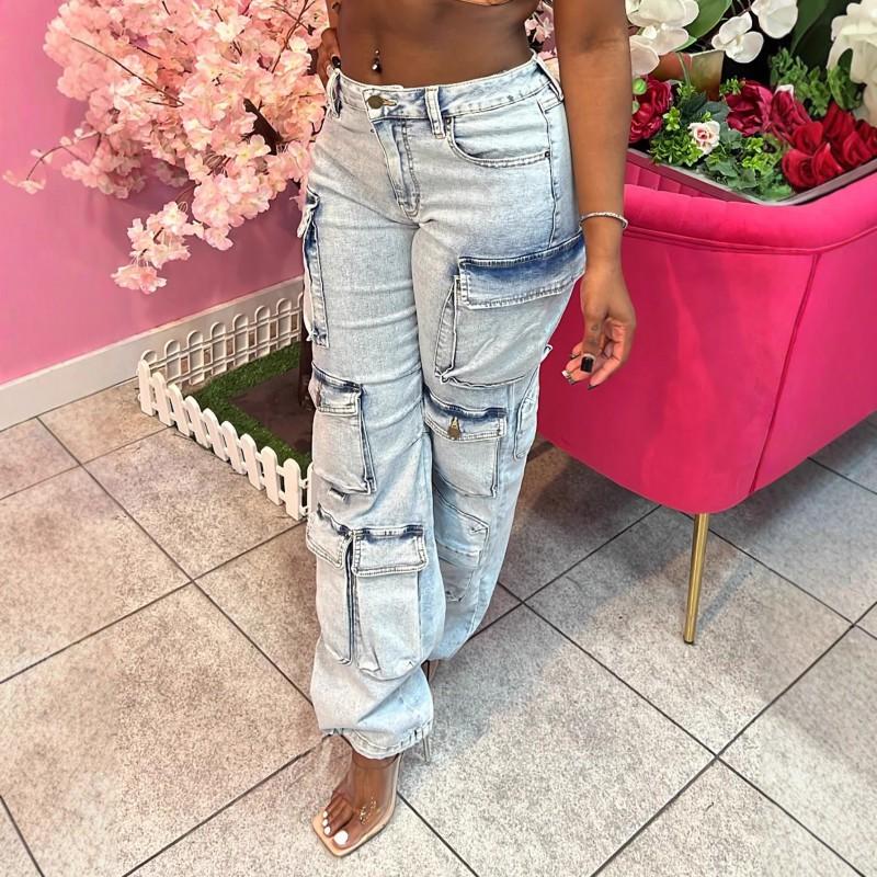 Womens High-Waisted Stretch Denim Pants With Multiple Pockets Streetwear Loose Fit Jean 2025