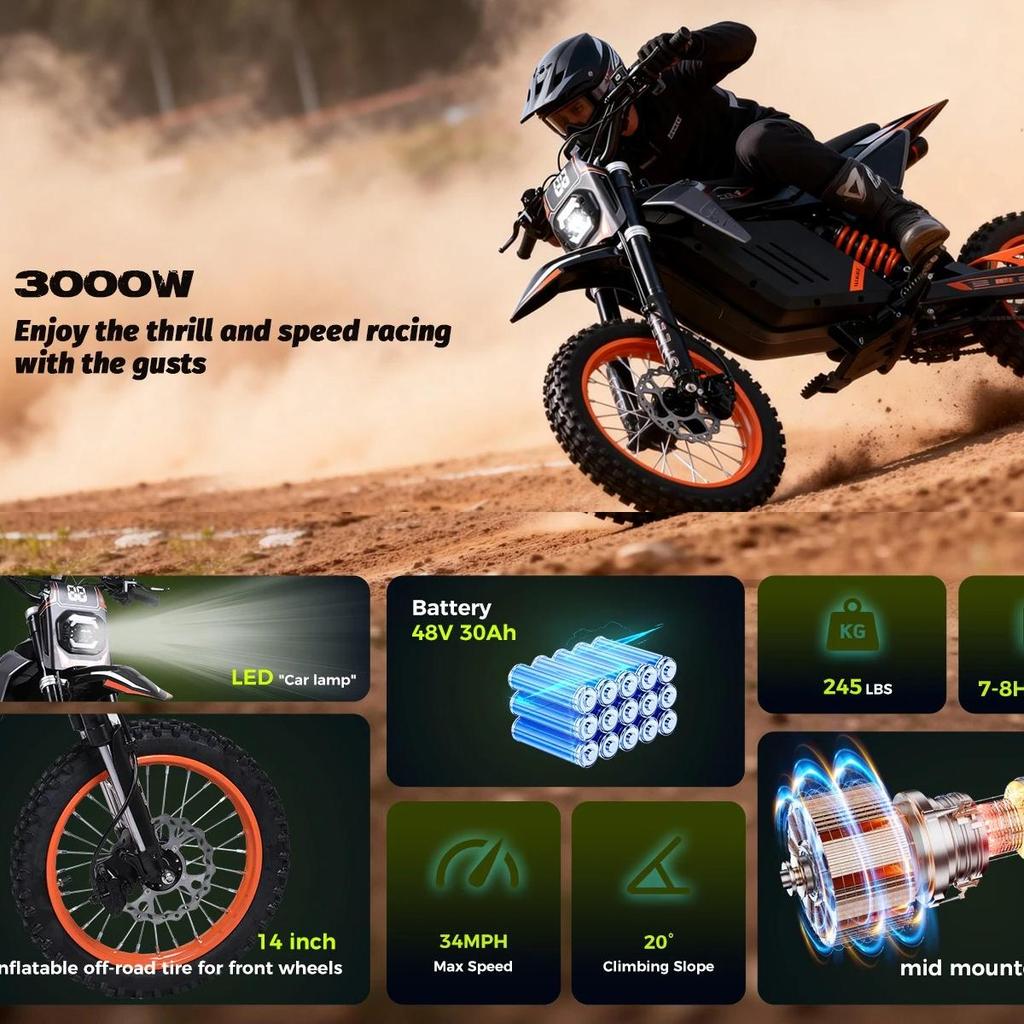Y88 E-Moto 3000W48V30AH Freno Idraulico Pneumatici 12+14 Pollici Moto Elettrica Off-Road