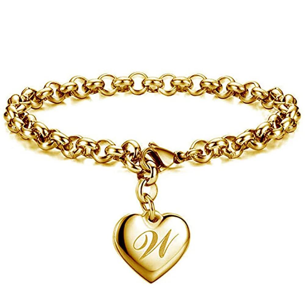 1 StückNeuer Goldfarbener Initialbuchstabe Herzanhänger Armbänder Für Frauen Edelstahl Gliederkettenarmband Mit 26 Buchstaben Graviert