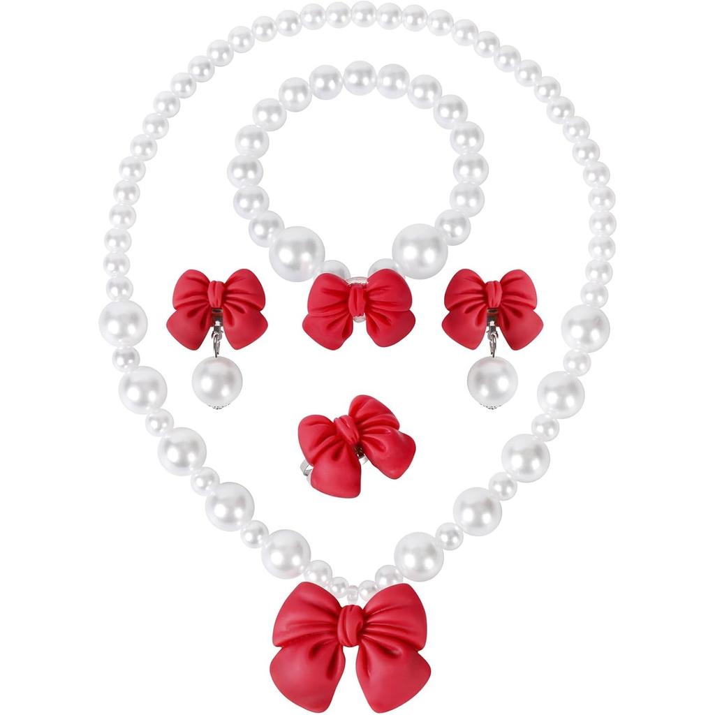 Princess Jewelry for Little Girls, Handmade Bow Pearl Kids Jewelry Set, Stretch Necklace Bracelets Rings and Clip on Earrings, Perfect for Dress Up