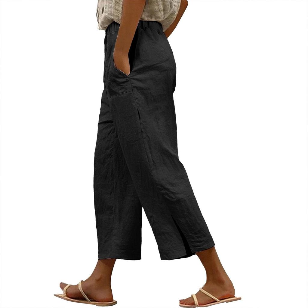 Women's Color Elastic Waist Casual Pants Loose Linen Cropped Pant With Pockets