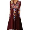 Plus Size Lady Dress V Neck Three Quarter Sleeves Bohemian Sexy A Line Loose Hem Pockets Retro Ethnic Style Print