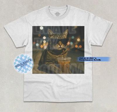 Cat Drinking Iced Coffee T-Shirt Funny Meme Cat Lover Coffee Graphic Shirt