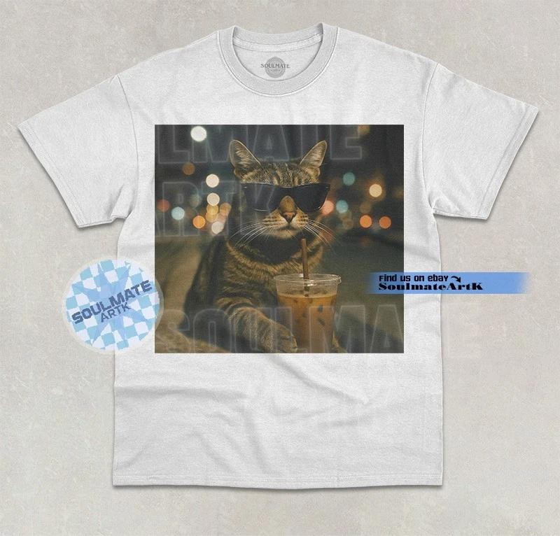 Cat Drinking Iced Coffee T-Shirt Funny Meme Cat Lover Coffee Graphic Shirt S