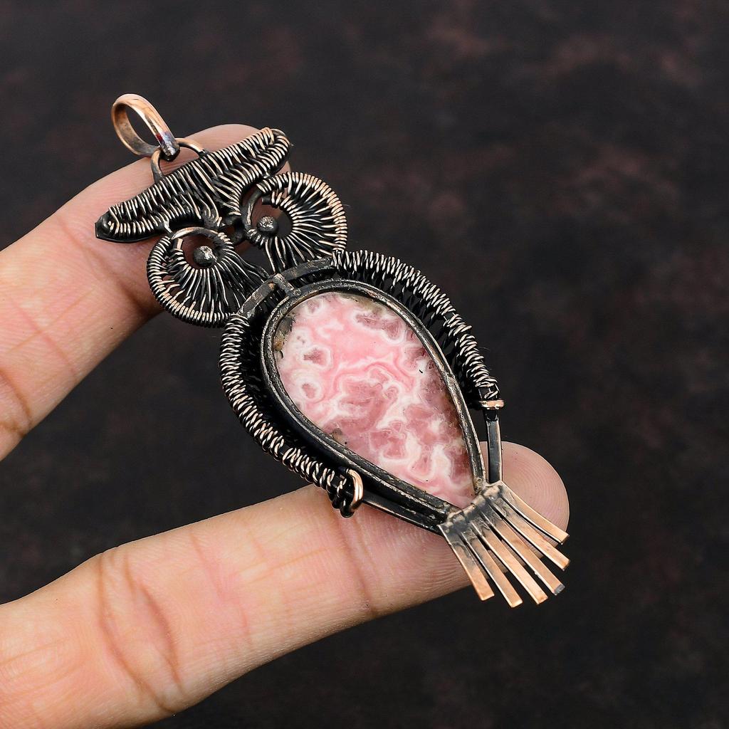 Pandantiv rodocrosit, învelit cu sârmă de cupru, pandantiv cu pietre prețioase, pandantiv antic, bijuterii din cupru