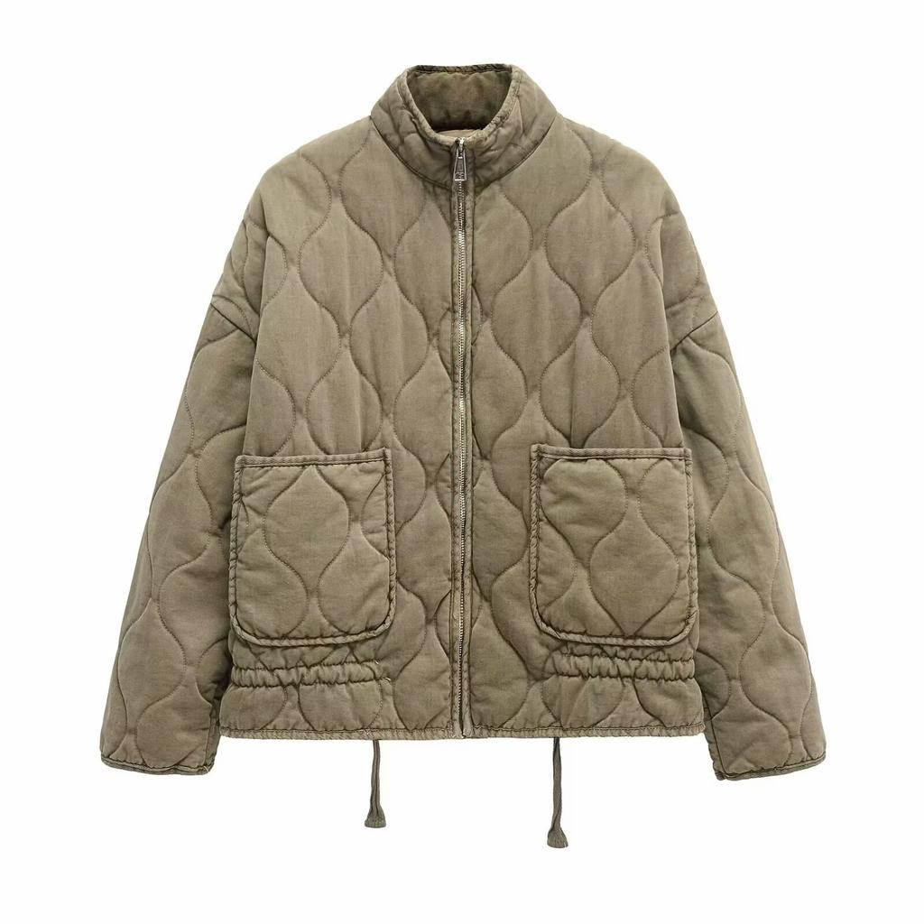 Women's High Collar Large Pocket Vintage Jacket Design Decorative Quilted Coat for Women