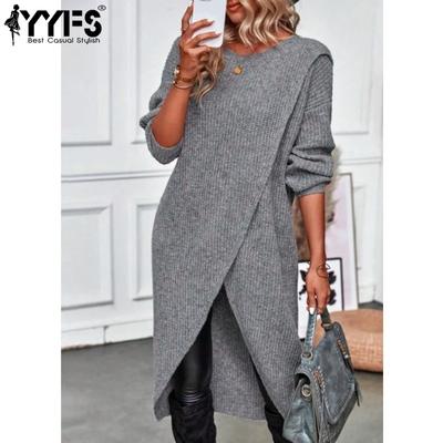 Damenmode Frühling Herbst Einfarbig Druck Langarm O-Ausschnitt Lose Taille Freizeitkleider